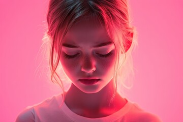 girl going through emotions of sadness, joy, and disbelief, deep pink background, soft and natural lighting