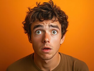 Fototapeta premium young man portraying confusion, pride, and excitement, muted orange backdrop, sleek and modern portrait