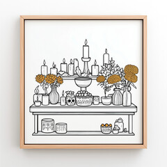 Minimalist line art of a Day of the Dead altar with marigolds and candles