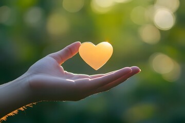 A Hand Holding a Golden Heart with a Blurry Green Background