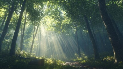 Sunbeams Illuminating a Forest Path