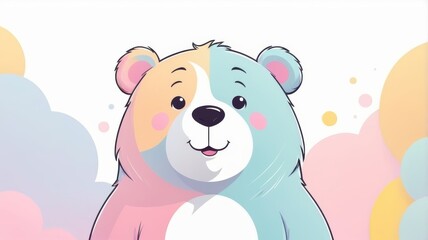Fototapeta premium A cartoon bear stands against a pastel rainbow background, exuding a cheerful and whimsical atmosphere.
