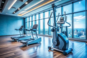A sleek, modern stair stepper machine sits in a well-lit, blue-hued gym, awaiting the next intense cardio workout or fitness training session.