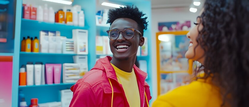A cheerful young man smiles while shopping in a vibrant store filled with colorful beauty products and personal care items.