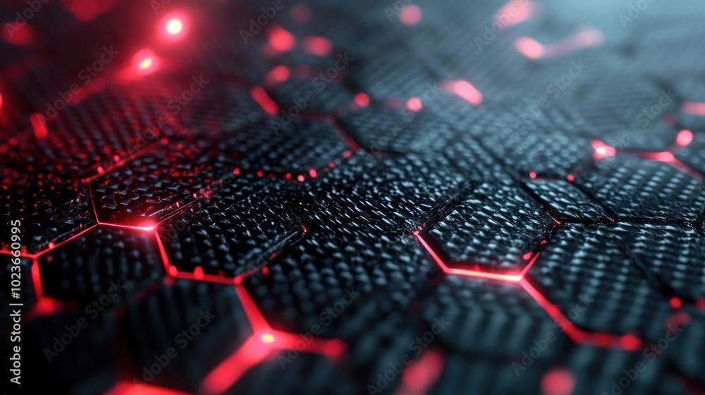 Poster a close-up of a textured surface with hexagonal patterns and glowing red highlights.