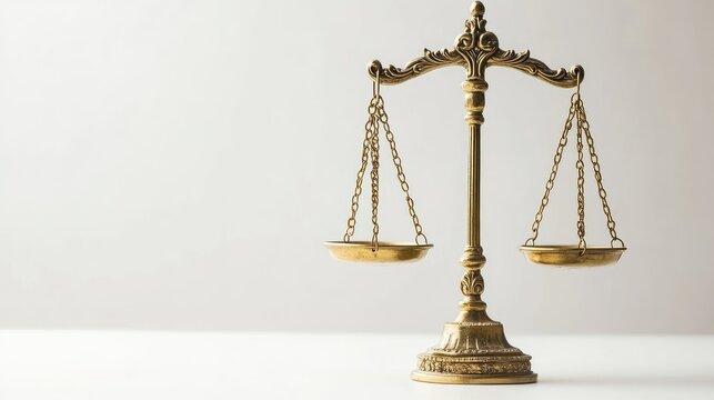 Golden scales of justice balanced delicately, against a pure white background, symbolizing law and equality. No people.