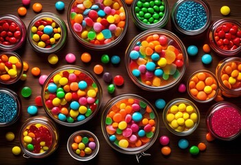 Fototapeta premium colorful array vibrant candy assortment presented elegant glass jars bowls overflowing sweet delights, rainbow, lgbtq, lgbt, pride, love, equality, assorted
