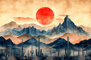 Abstract desert landscape at sunrise with saguaro cactus boho style. 