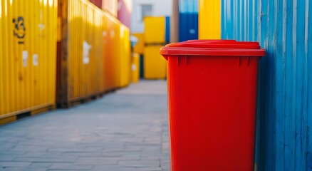 Naklejka premium Colorful trash bins in alley with blurred background of city street and garage. Close-up of red plastic waste bin