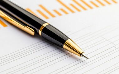 A business plan document, papers and pen, flat lay, modern style, isolated on white background