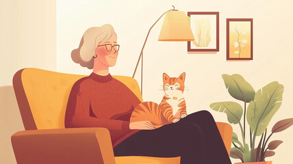 elderly woman sitting in sofa in living room, cat is sleeping on her lap, flat design, colorful, simple, and minimalistic, in a cartoon style. Senior woman in good health having a cat pet for company.