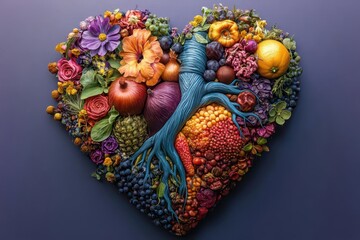 surreal anatomical heart crafted from vibrant fruits vegetables and plants intricate organic textures and rich colors pop against a deep purple backdrop merging nature and anatomy