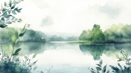 Serene Watercolor Landscape Showcasing a Tranquil Lake Scene_