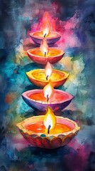 A painting of a row of candles in different colors. The candles are lit and the painting has a warm, cozy feeling