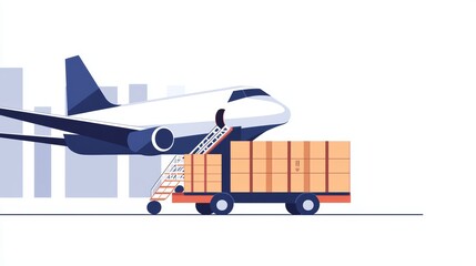 A cargo plane loading goods, global logistics, flat vector illustration, isolated on white background
