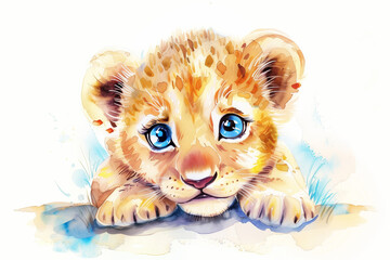 Illustration of baby lion cub with big blue eyes.