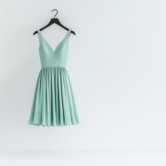 Stylish dress in soft pastel shades, floating on a sleek hanger, set against a minimalist white void