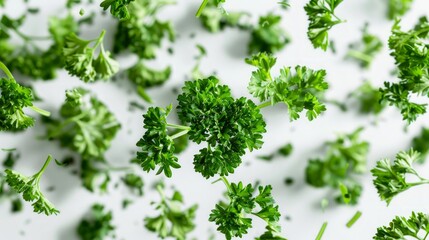 Fresh parsley sprigs falling on a white background.
