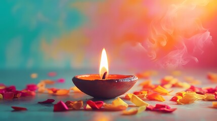 A lit candle sits in a small clay pot on a table. The table is covered in colorful petals, creating a vibrant and festive atmosphere. The candle's warm glow illuminates the scene