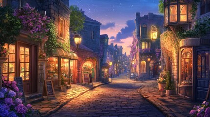 Charming Town Street at Dusk with Glowing Lanterns
