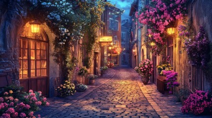 Charming Flower-Laden Evening Street Scene