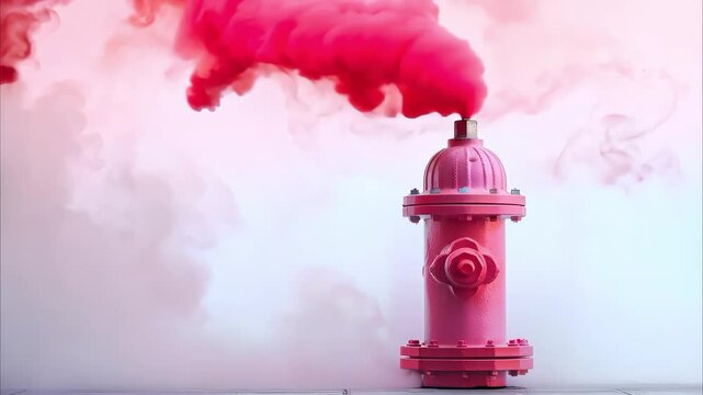 A pink fire hydrant with pink smoke billowing from the top against a soft-colored background.