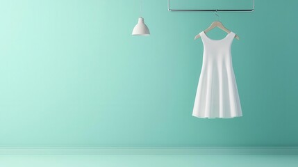 Dress in pastel colors, suspended on a metallic hanger, floating in a minimalist white void, sleek...