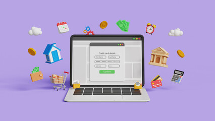 Digital banking, online payment, financial technology, internet services or FinTech concept. Mobile banking or making web transaction. 3D laptop with credit card payment screen and icons