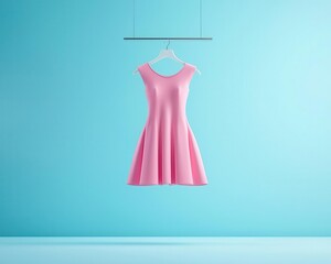 Floating dress in soft pastel colors, sleek metallic hanger in a white void, minimalistic fashion design, smooth and elegant composition