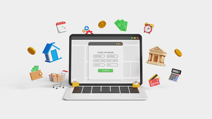 Digital payments, banking network, financial services, or FinTech concept. Online shopping, web or internet transactions or mobile banking apps. 3D payment by credit card screen on laptop