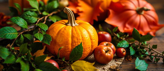 Obraz premium Close-up of a pumpkin and apples surrounded by green leaves