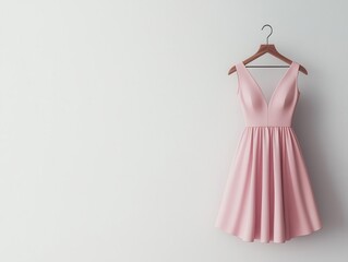 Floating pastel dress on a metallic hanger, sleek and minimal design, set in a white void, fashion-forward aesthetic
