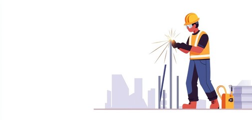 A construction worker welding steel beams, industrial safety, flat vector illustration, isolated on white background
