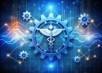 A stylized medical symbol surrounded by gears, charts, and flags, representing the intersection of healthcare and management, with a modern and innovative approach.