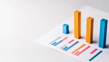 A business report with bar charts, financial trends, minimalist style, isolated on white background