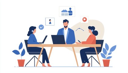 A business team in a video call, remote work concept, flat vector illustration, isolated on white background