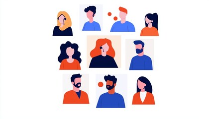 A business team in a video call, remote work concept, flat illustration, isolated on white background