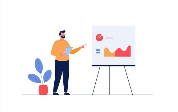 A businessman giving a presentation, pointing at board, minimalist style, isolated on white background