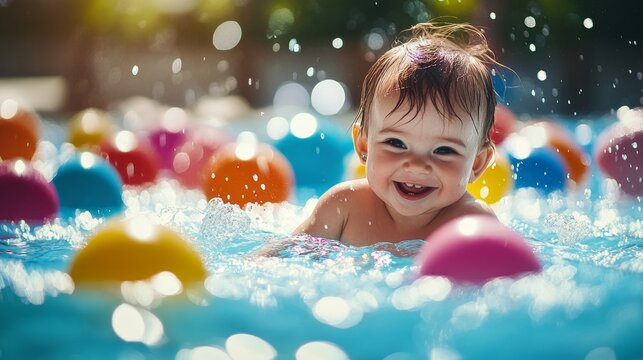 A baby is playing with a bunch of colorful balls in a pool