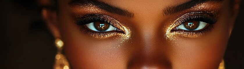 Fototapeta premium Elegant woman with glowing gold makeup and jewelry, highlighted against a dark background