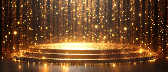 Golden podium with glittering lights, luxurious and elegant, glowing backdrop