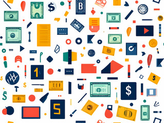 Seamless Flat Minimalist Tile Pattern with Subtle Advertising and Currency Motifs for Professional Business and Financial Design