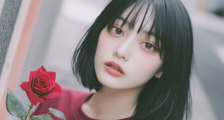 赤いバラを持った女性が街中でポートレートを撮影しているシンプルで美しい瞬間