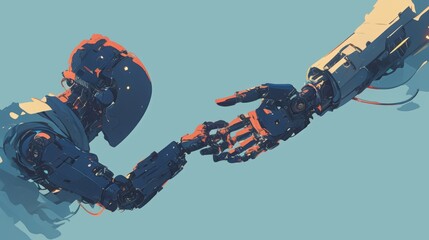 Two intricately designed robotic hands reach toward each other, reflecting themes of connection, technology, and unity set against a calm background.