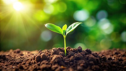 Fototapeta premium Growth unfolds with a green sprout in fertile soil