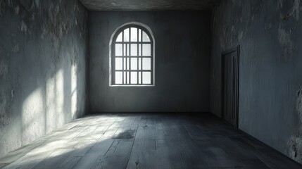 Moody, empty room with an arched window casting natural light onto a wooden floor, creating a serene and minimalist atmosphere.