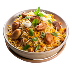 A bowl of biryani with chicken pieces