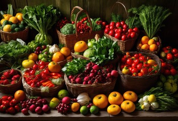 vibrant assortment fresh colorful organic produce displayed abundance deep bright lively rich purples, apples, apricots, asparagus, baskets, beets