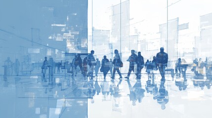 Obraz premium Silhouettes of people walking inside a modern office space, reflecting on a glassy floor, highlighting the hustle of contemporary business life.