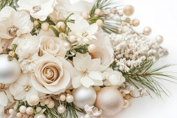 Elegant Christmas arrangement with ornaments, pinecones and flowers